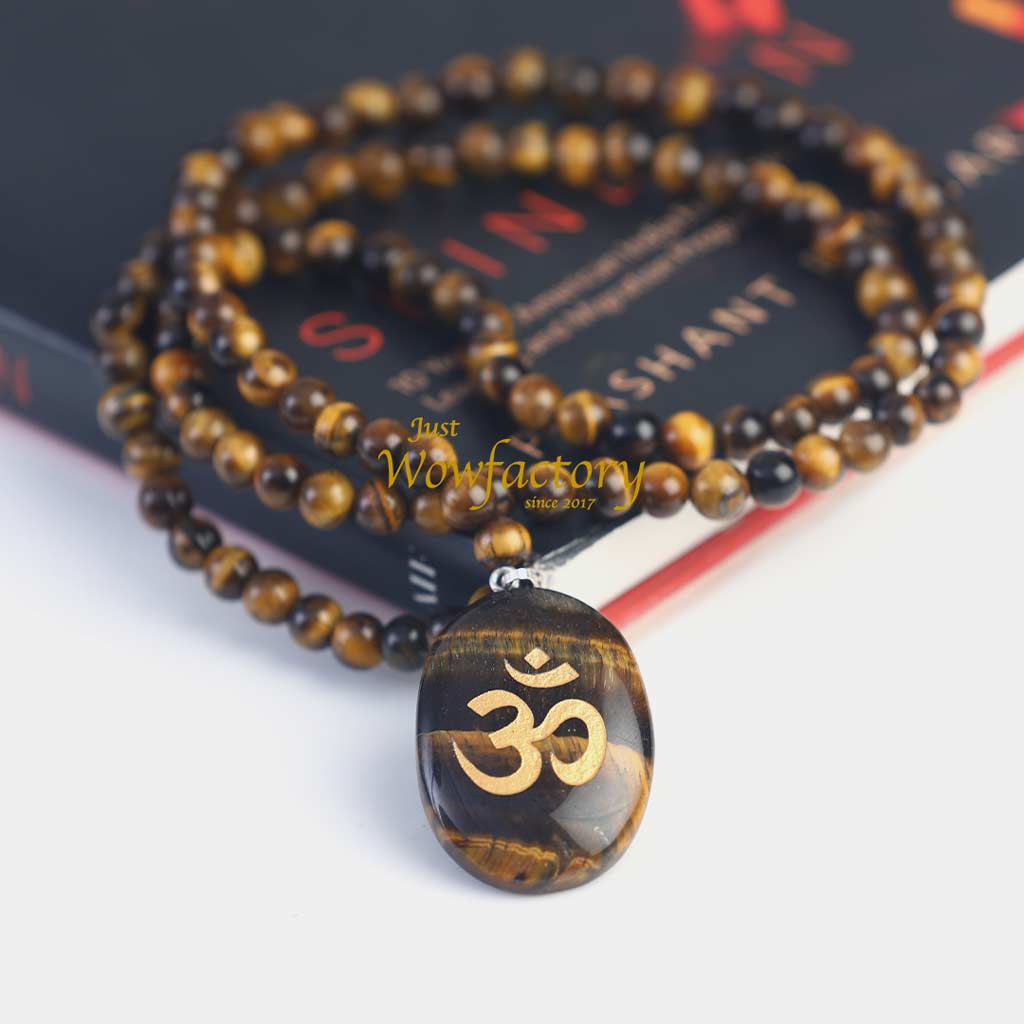 DIVINE 108 AUM CARVED TIGER'S EYE PENDANT MALA