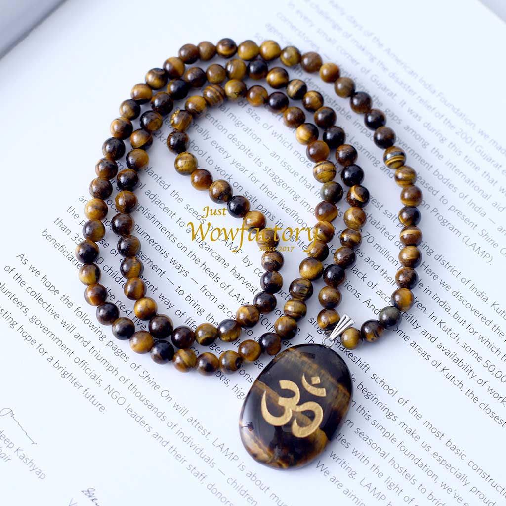 DIVINE 108 AUM CARVED TIGER'S EYE PENDANT MALA