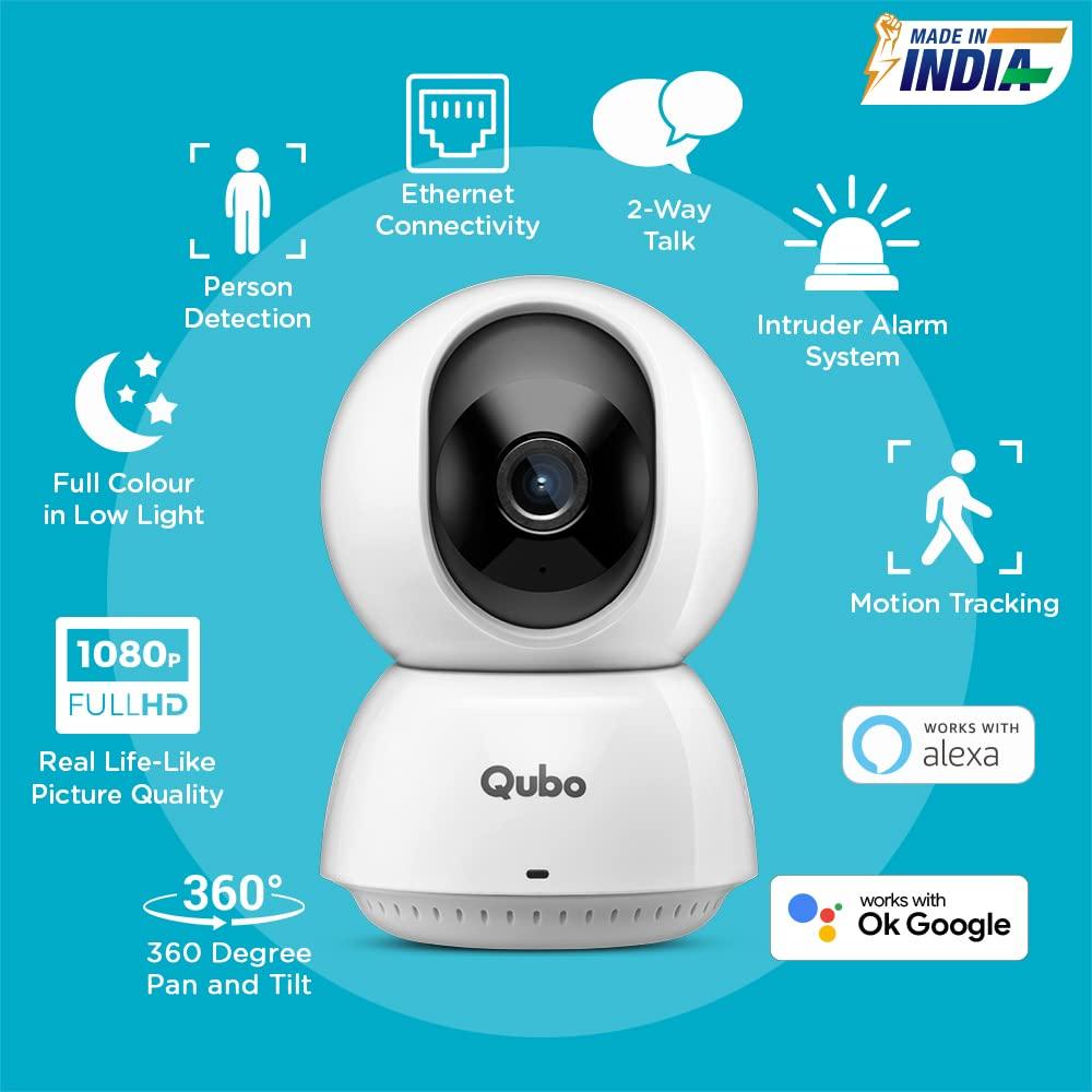 Qubo Smart Cam 360 Ultra from Hero Group | Made in India | 360 Degree Coverage | CCTV Wi-Fi Camera | 1080p Full HD | Two Way Talk | Mobile App Connectivity | Night Vision | Cloud & SD Card Recording, White