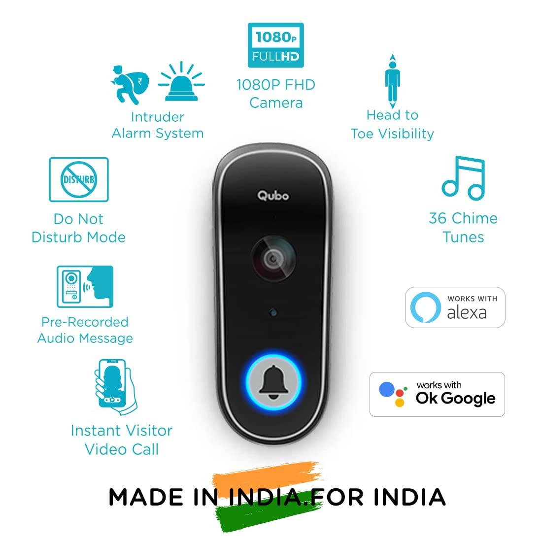 Qubo Smart WiFi Wireless Video Doorbell from Hero Group | Instant Visitor Video Call on Phone | Intruder Alarm System | 1080P FHD Camera | 2-Way Talk | Works with Alexa & Google | 36 Chime Tunes