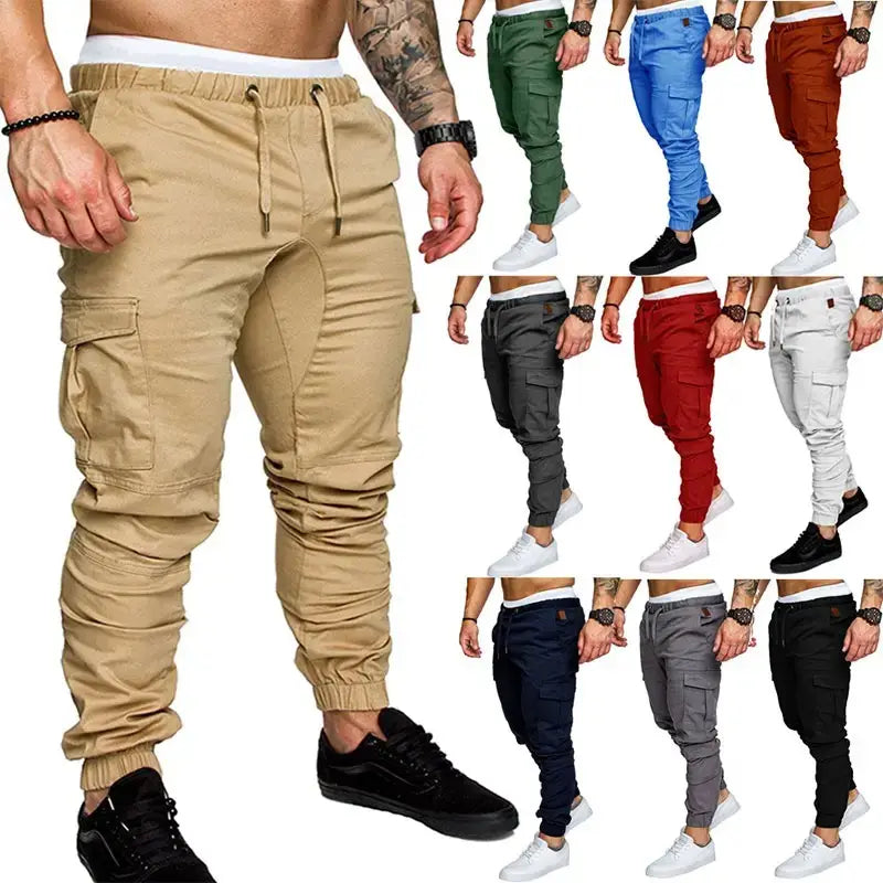 Latest Multi Pocket Drawstring Pants Straight Solid Color Male Cargo Casual Trousers New Fashion for Men