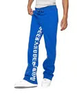 Custom Loose Flare Sweat Pants 100% Cotton Fleece Men Blue Stacked With White Printing Side Stripes New Design