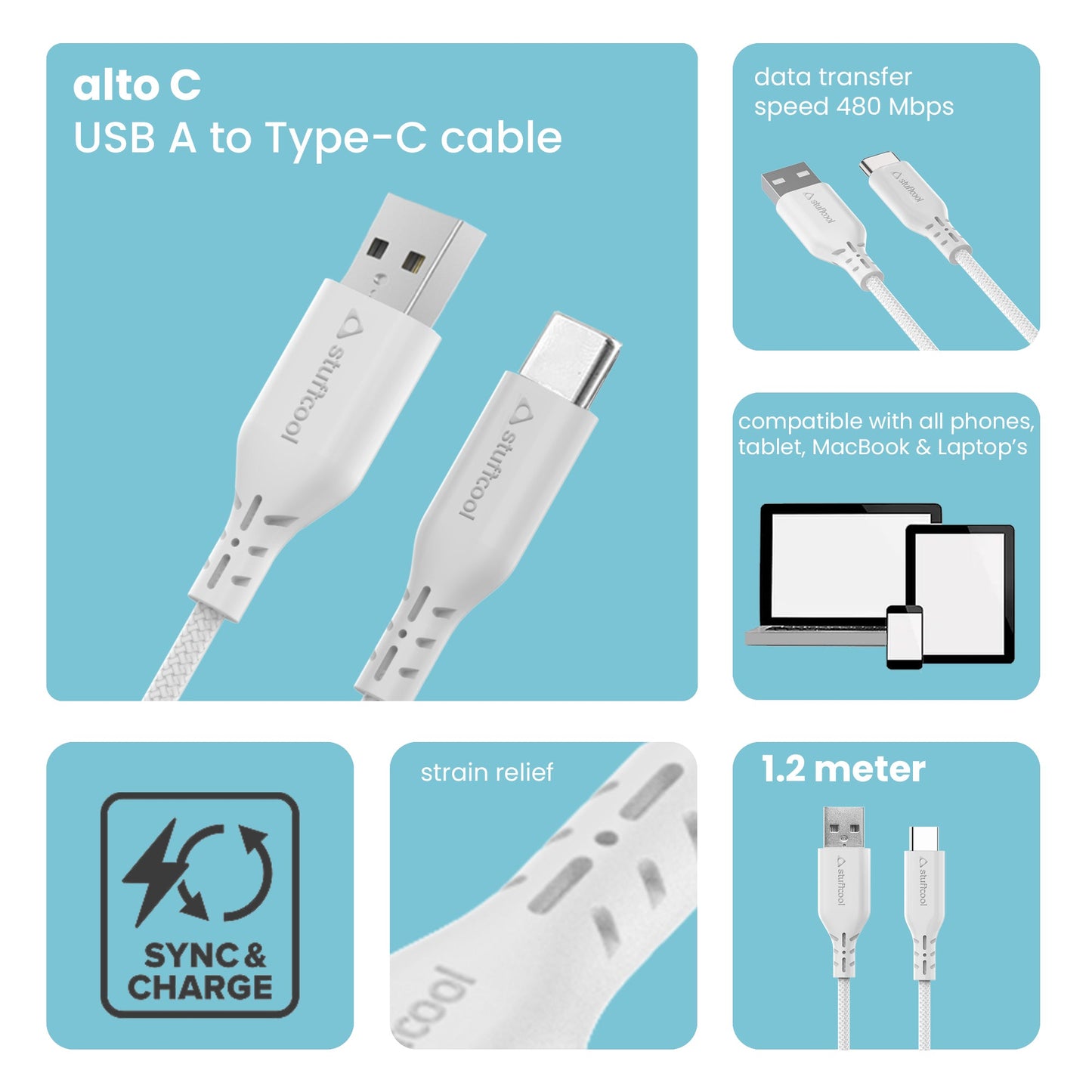 Alto USB A to C 6.5A 1.2 Meter Cable fast charging Oppo, one plus,vivo, sansung, Huawei, pixel, mi