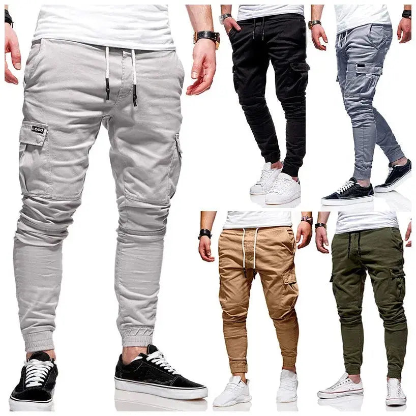 Latest Multi Pocket Drawstring Pants Straight Solid Color Male Cargo Casual Trousers New Fashion for Men