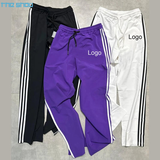 Streetwear Custom Logo 100% Cotton Heavyweight Men Stripe Sweatpants Wide Leg Oversized Baggy Side Flare Sweat Men