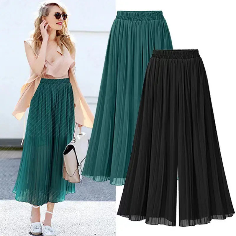 Women Chiffon Pleated Wide Leg Plus Size Pants Elastic Waist Loose Trousers Short Lining Summer Spring Casual Long Ninth