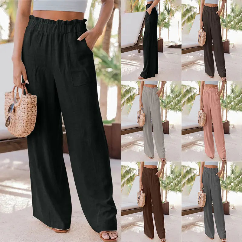 summer new women's casual wide leg pants fashion ruffles pockets high waist women's