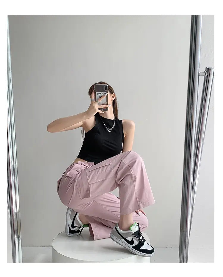 Women Girls High Waist Casual Pants Cotton Loose Pink Sweet Loose Cool Cargo