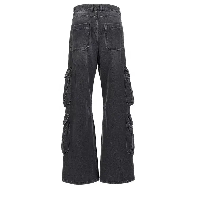 Custom Men Cool Multiple Cargo Pants Special Style Tactical Smoky Black Jeans With Pockets