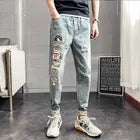 Dropshipping summer thin men's denim jeans casual ripped nine points slim latest fashion