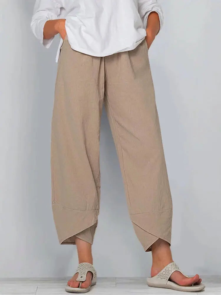 Fashion Women New Wide-leg Nine-point Pants Loose Casual Cotton and Linen Elastic Waist