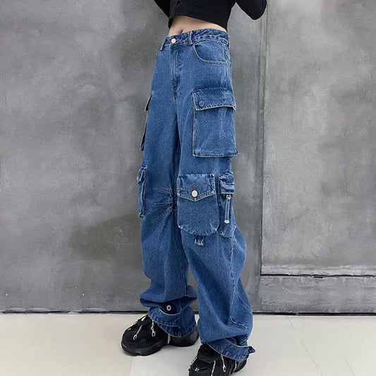 Jean Women Vintage Patchwork Pockets Loose High Waist Casual Cargo New