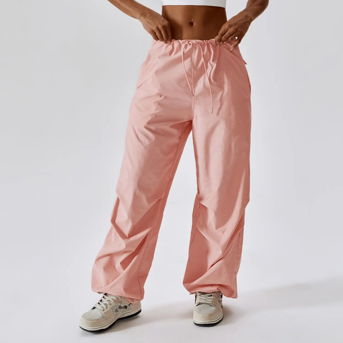 Custom High Waist Loose Sweat Pants With Pockets Straight Trousers Nylon Pink Cargo For Women