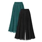 Women Chiffon Pleated Wide Leg Plus Size Pants Elastic Waist Loose Trousers Short Lining Summer Spring Casual Long Ninth