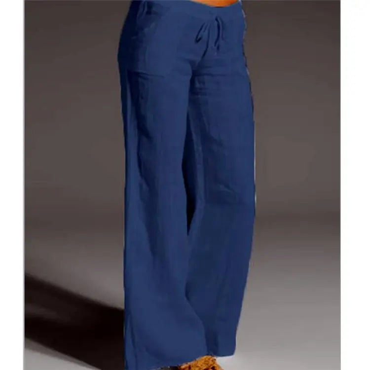 Elastic Waist Solid Color Cotton Women Trousers Linen Wide Leg