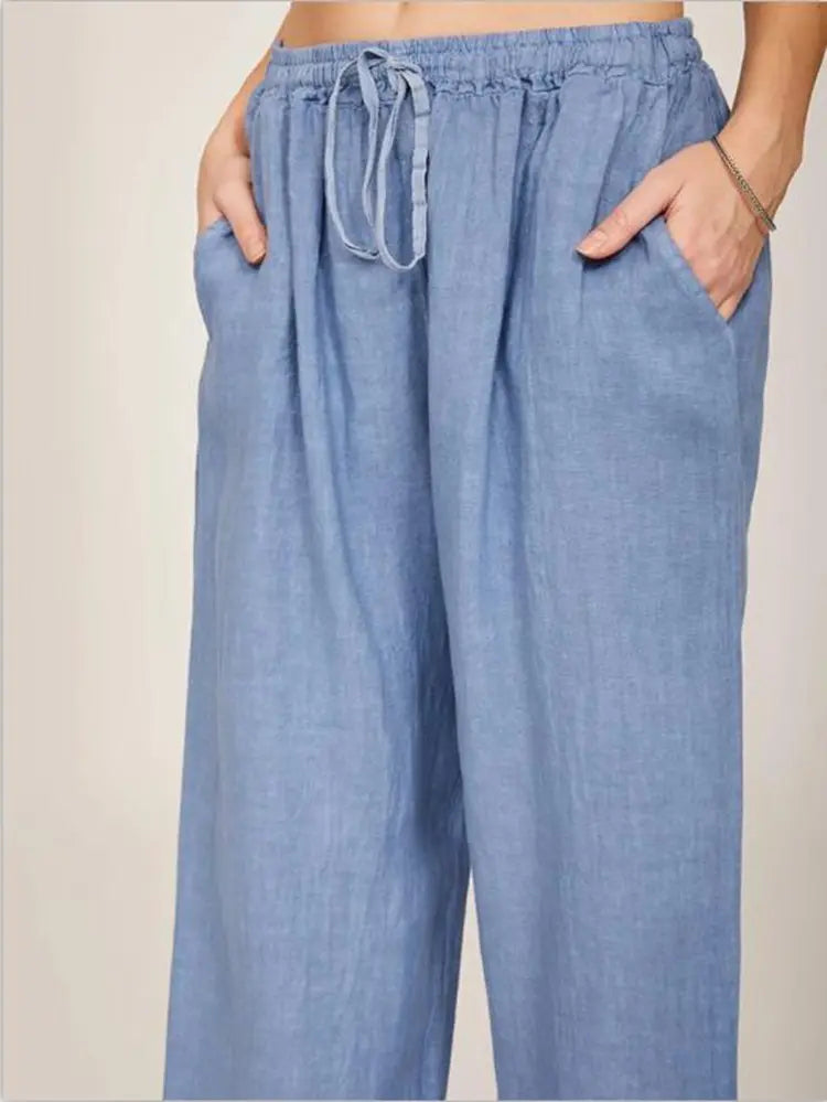 Drawstring Waistband Blue Formal Summer Cotton Linen Wide Leg Women Slacks