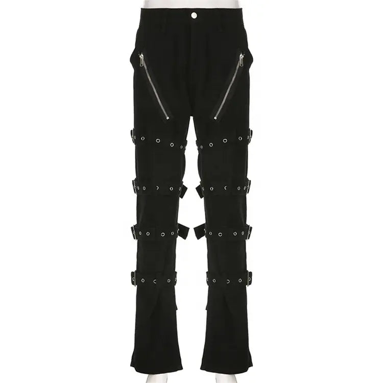 Eyelet Buckle Punk Goth Jeans Y2K Woman Solid E Girl Denim Gothic Straight Trousers