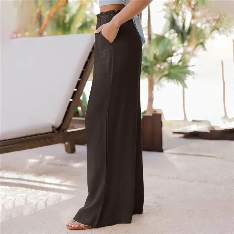 summer new women's casual wide leg pants fashion ruffles pockets high waist women's