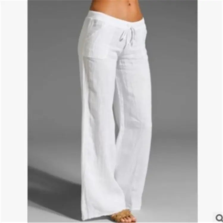 Elastic Waist Solid Color Cotton Women Trousers Linen Wide Leg