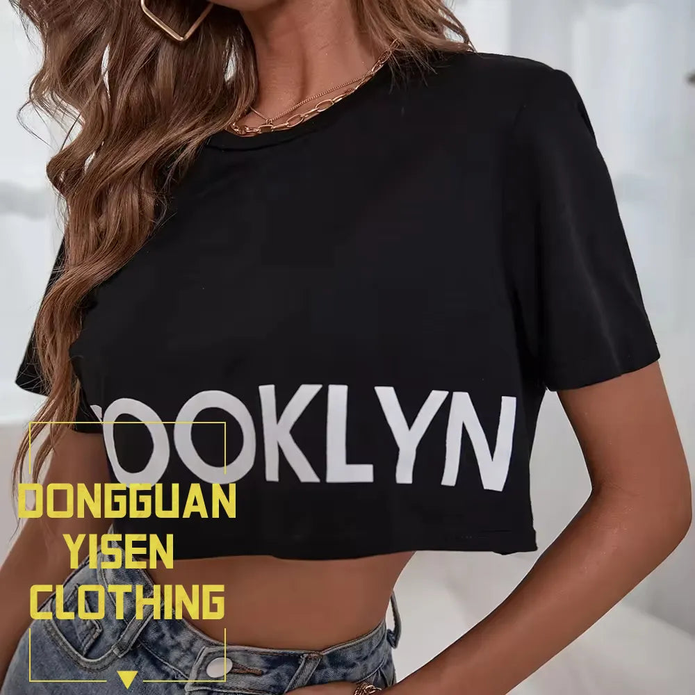 Yisen Manufacturer Small Quantity Custom T-shirt Black Letter Graphic Crop Tee Women Short sleeve Tshirt Round neck T