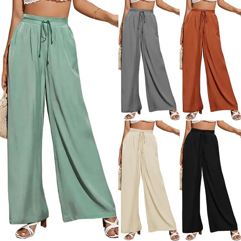 FEIBIA Summer New High Waist Casual Trousers Solid Color Elastic Waist Tie Loose Wide Leg Women