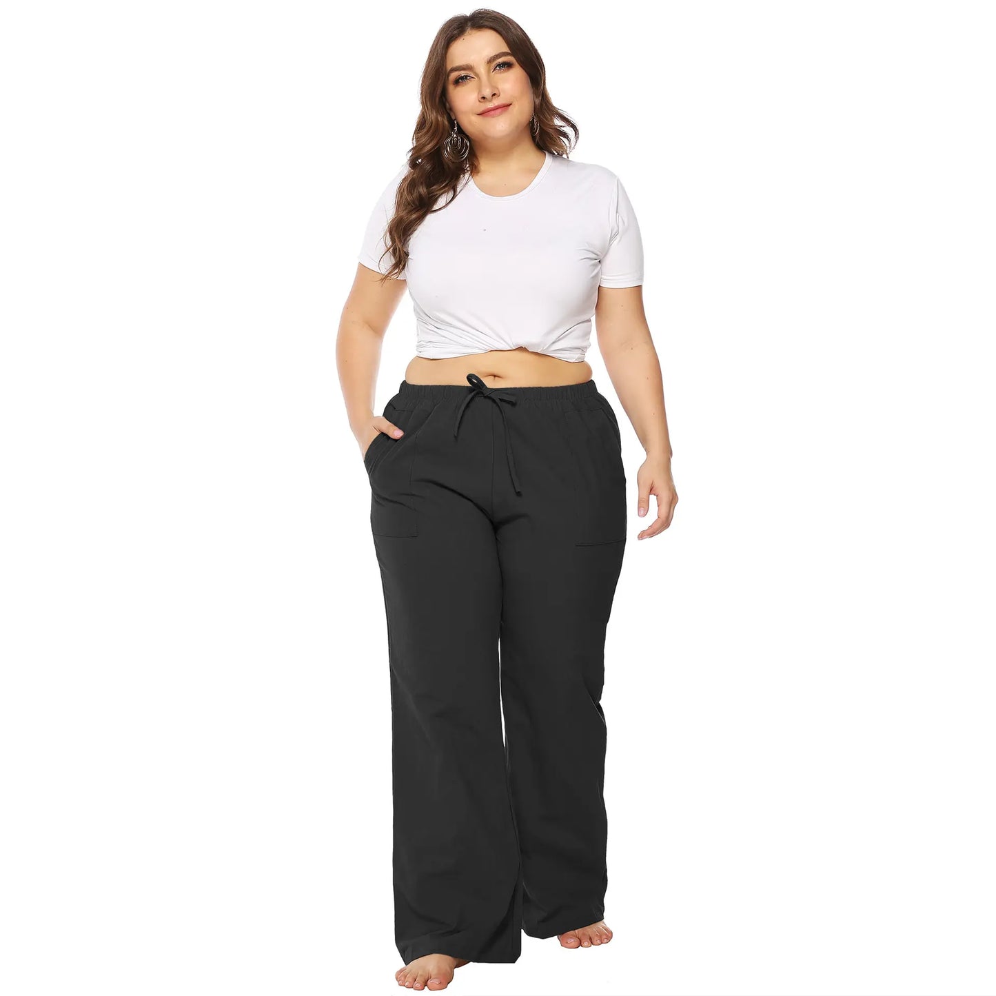 hot sale plus size women clothing big size loose lace-up Baggy mid-waist flares casual xx for sexy girl