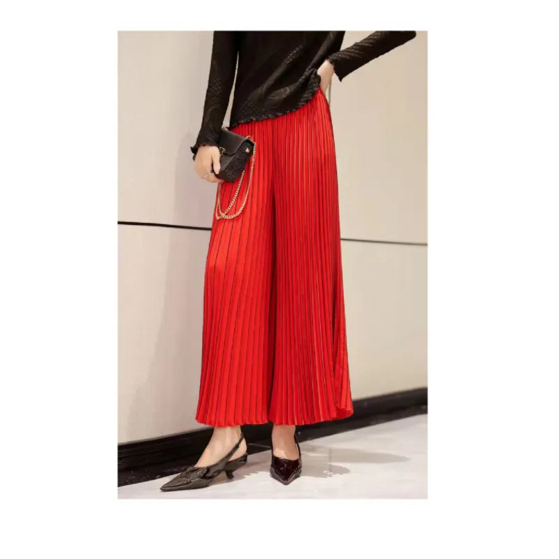 Women Korean Style Miyake Chic Solid A-line trousers Midi Elegant Elastic High Waist Long Accordion Pleated