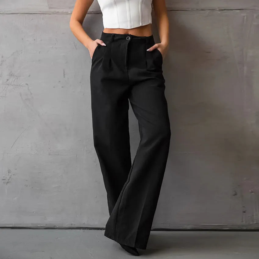 OOTN Autumn Solid Pockets Party Trousers Women Elegant Office Lady Pleated Long Fashion Black Straight