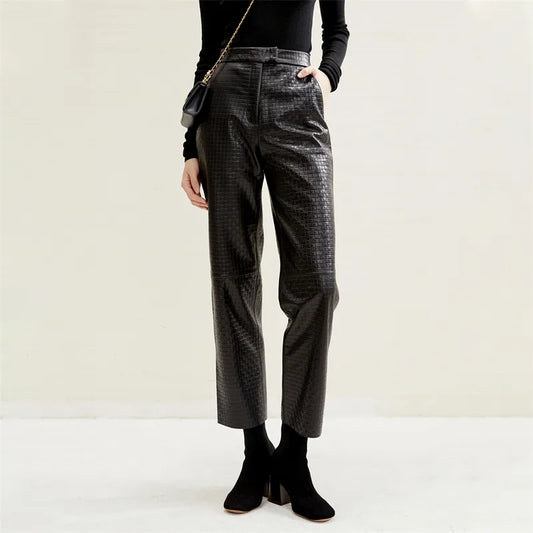 Hot sell fashion straight wide leg leather pants high waisted custom women's trousers