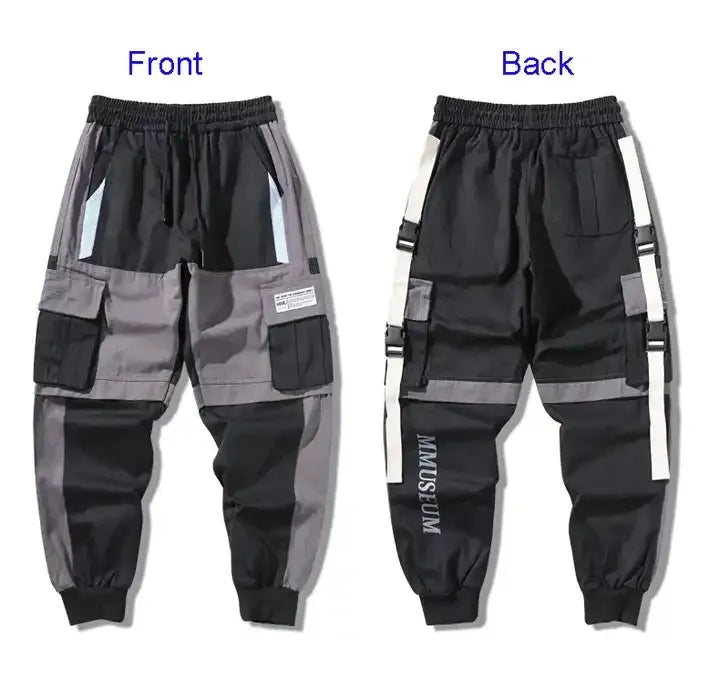 YiXin Men Cargo Jogger Pants Black Cargo Pocket Track Joggers Hip Hop Joggers Male Sweatpants Ribbons Men Cargo