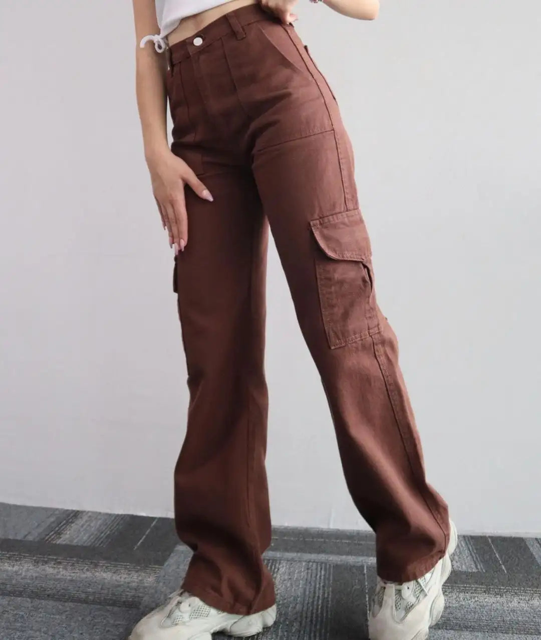 New women's solid color all-matching casual mid-waist trousers wide leg cargo