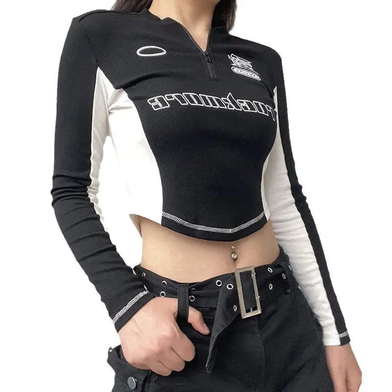 Mechanical Style Hot Girl Graphic Print Stitching Long Sleeve Y2K T- Slim-fit Fashion Top Women