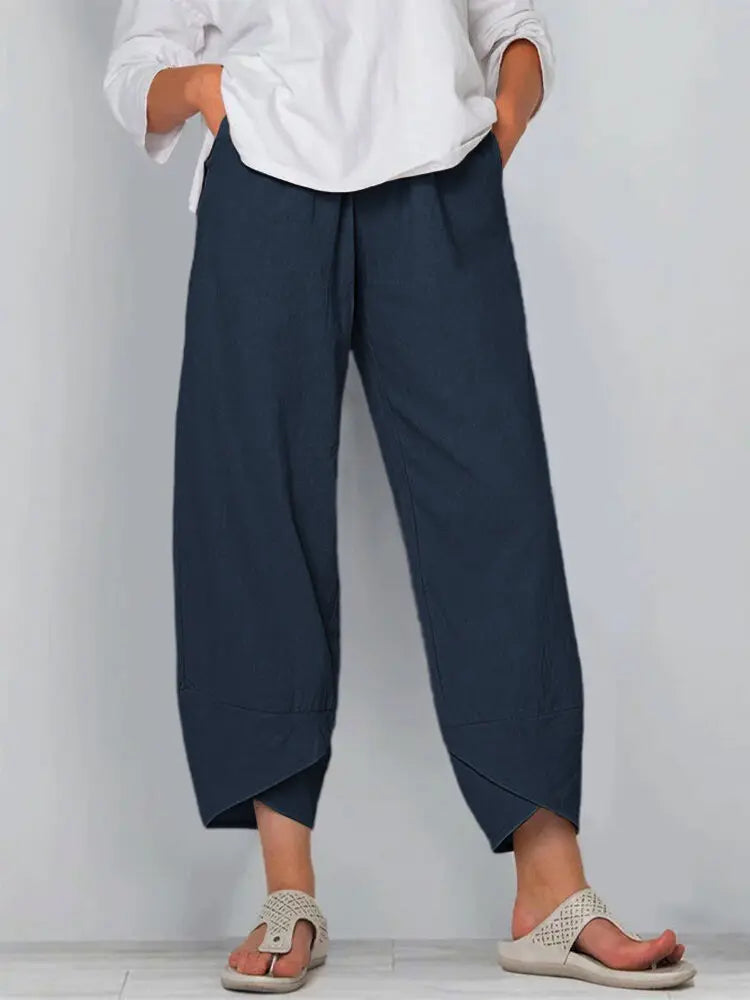 Fashion Women New Wide-leg Nine-point Pants Loose Casual Cotton and Linen Elastic Waist