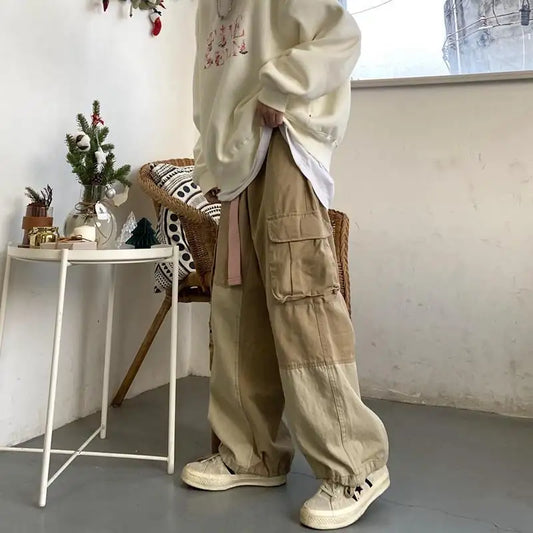 Khaki Cargo Work Pants Trousers Male Vintage Loose Casual Autumn Streetwear Hip Hop Cotton Baggy Black Cargo for Men