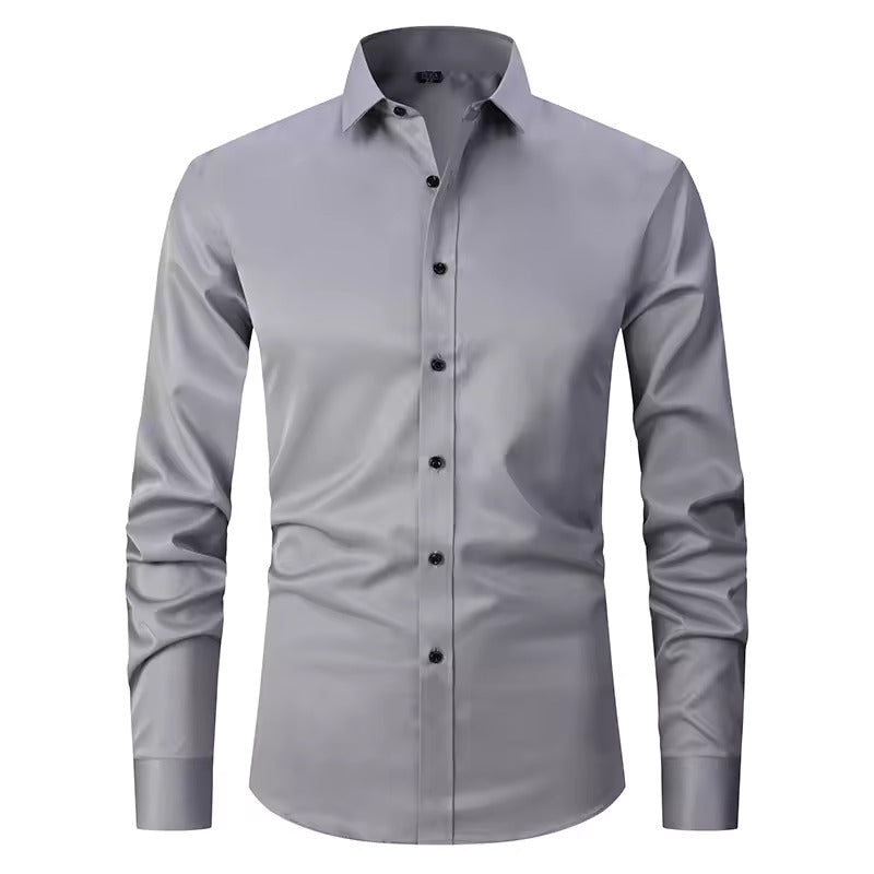 New Fashion Men Office Elastic Solid Color Button Lapel Long Sleeve Dress Shirts Business Stretch Tops Blouse Casual Dress Shirt