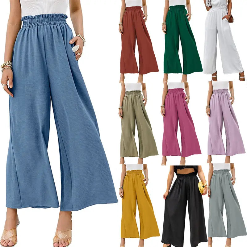 Spring and summer cotton and linen women's solid color elastic high waist loose casual wide leg