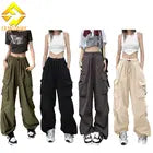 Fengway Trendy Vintage Wide Leg Pants Women Loose Ankle Trousers Streetwear Drawstring Cargo With Pocket