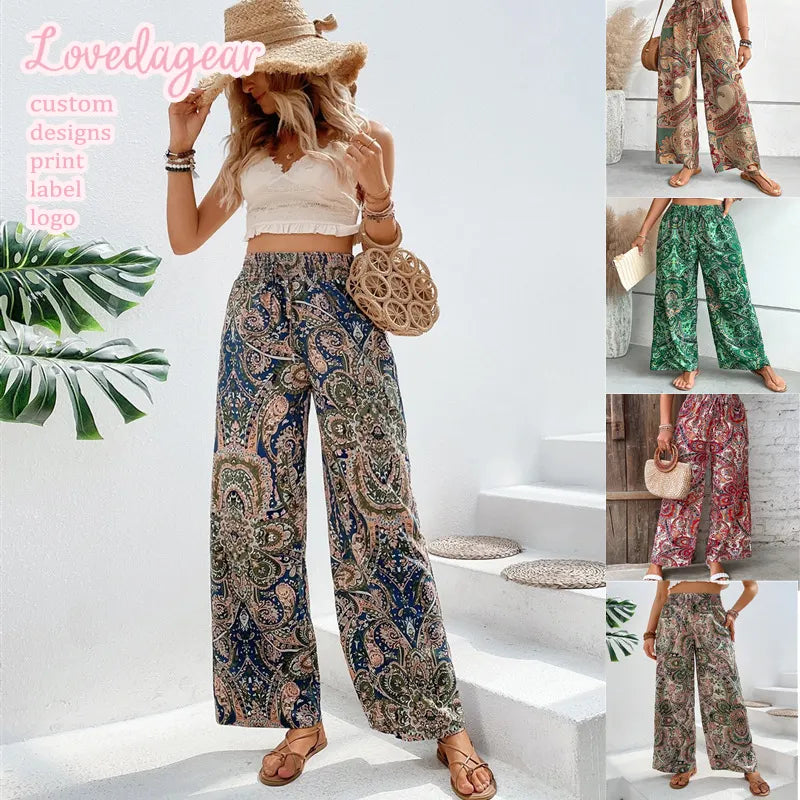 Loveda Hot Selling Women's Printed Trousers Designer Bohemia Wide-Leg Elasticated Palazzo