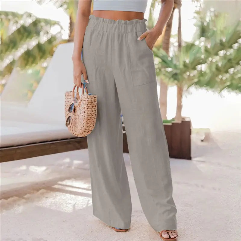 summer new women's casual wide leg pants fashion ruffles pockets high waist women's