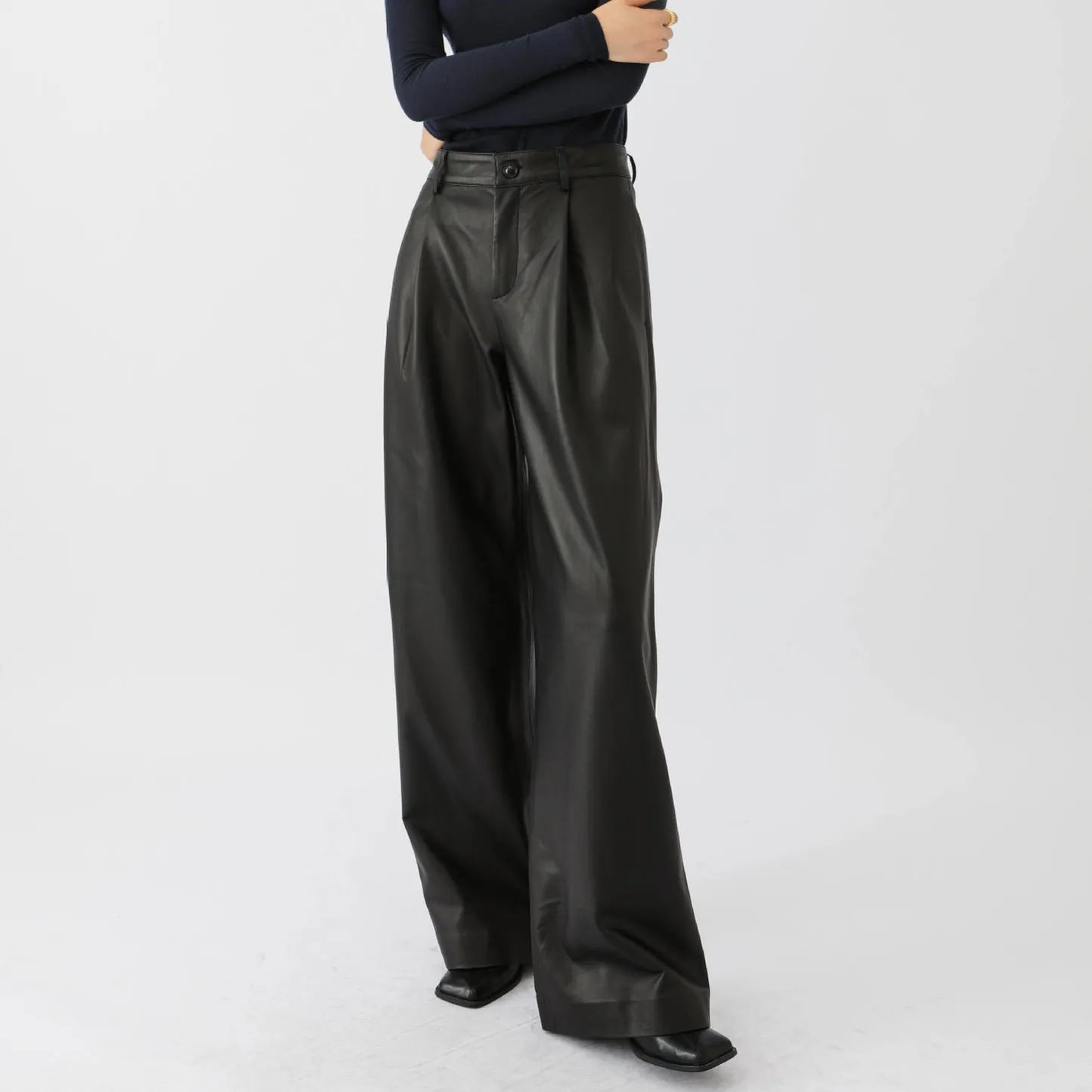 Fashion 100%Sheepskin Leather High Quality Women Loose Long Wide-leg Trousers Oversized