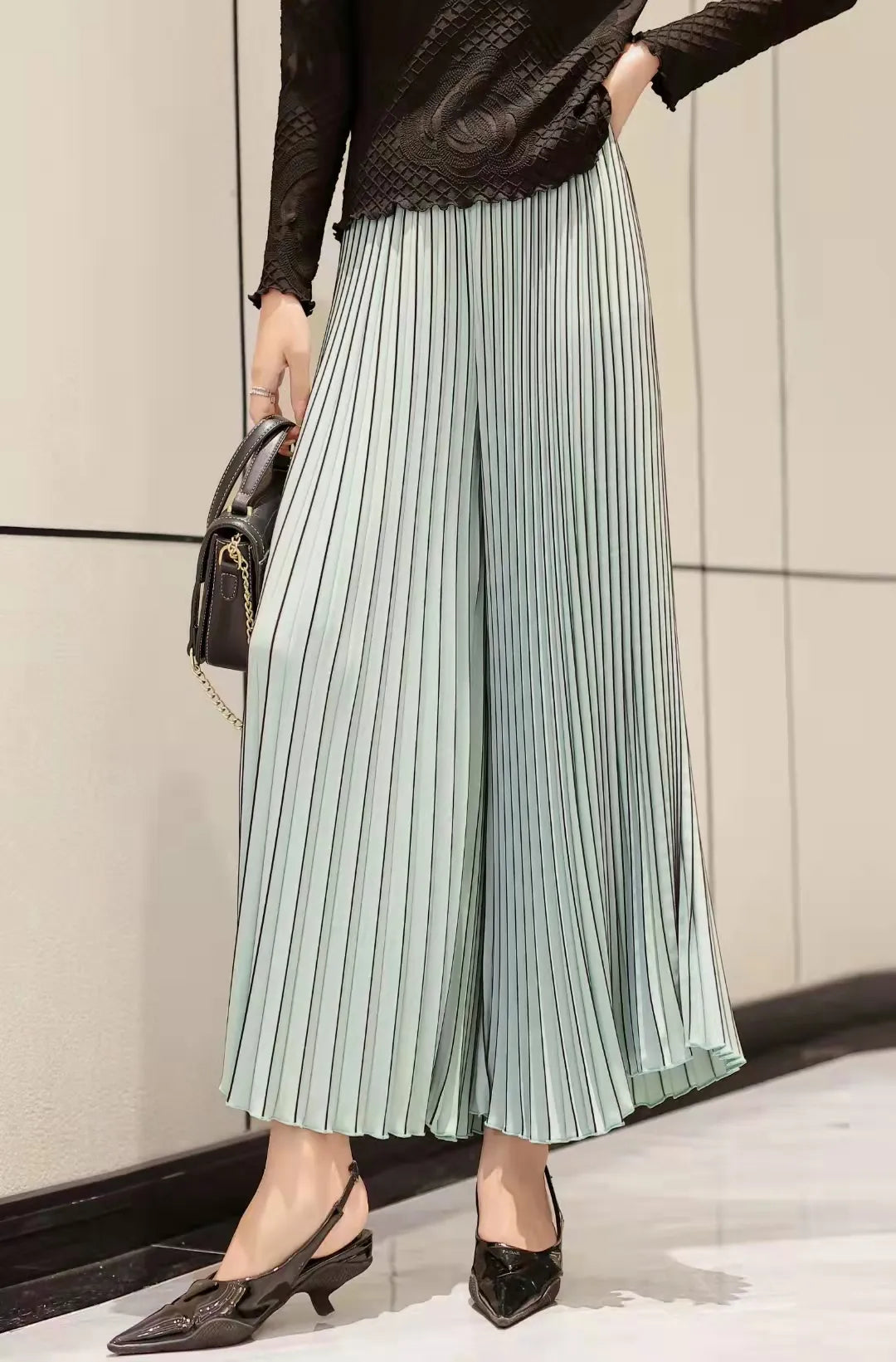 Women Korean Style Miyake Chic Solid A-line trousers Midi Elegant Elastic High Waist Long Accordion Pleated