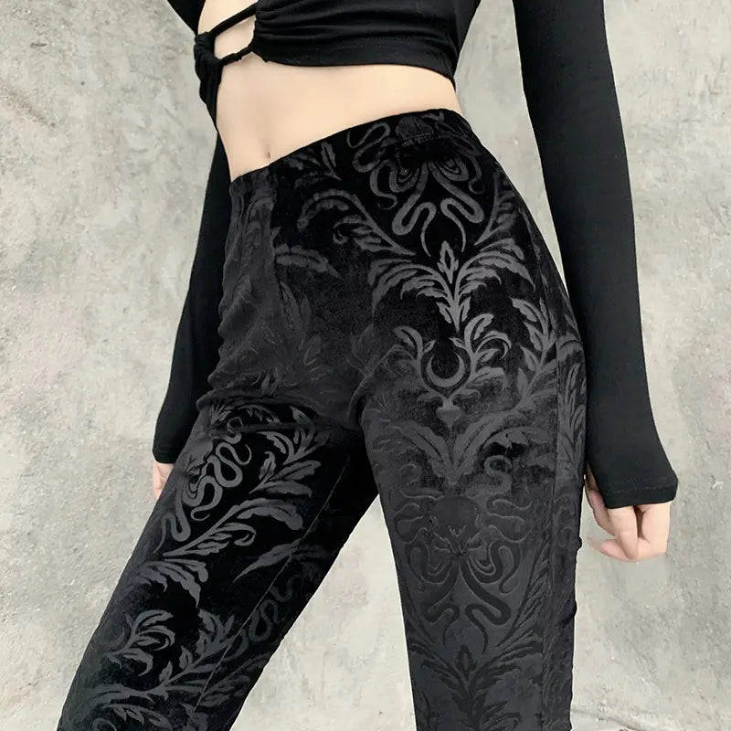 Vintage Gothic Velvet Black Pants Goth Harajuku Bodycon High Waist Trousers Streetwear Punk Flared Women Autumn