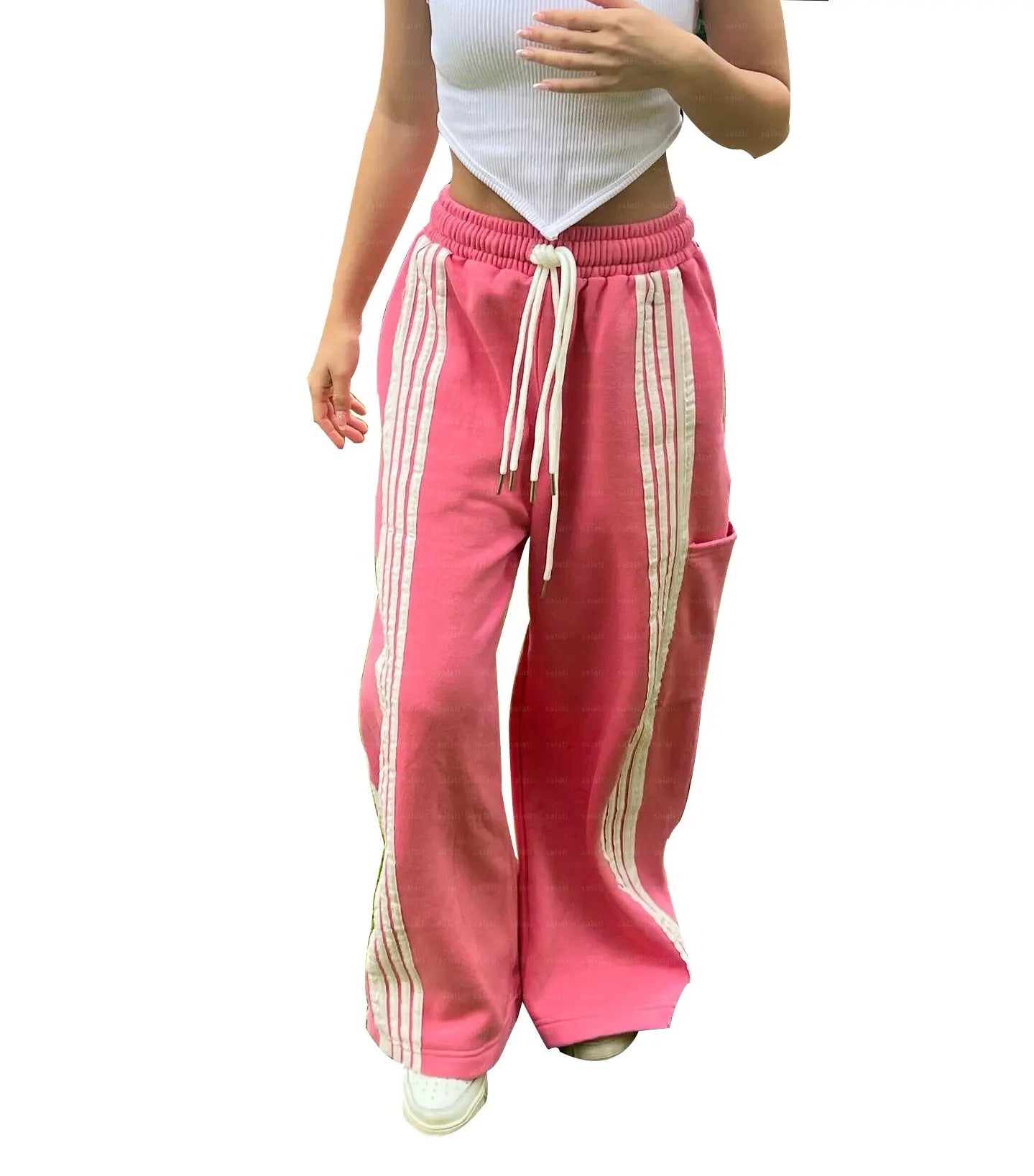 Wide Leg Sweatpants Custom Multiple Drawstrings Blank French Terry Cotton Stripe Oversized Baggy Street Flared Cargo Women