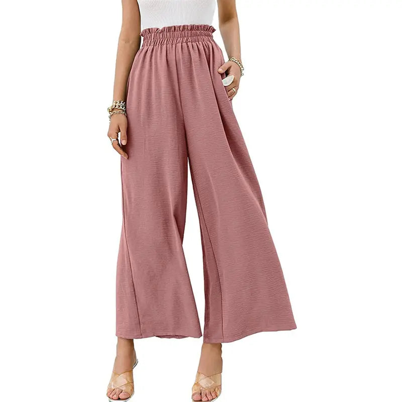 Spring and summer cotton and linen women's solid color elastic high waist loose casual wide leg