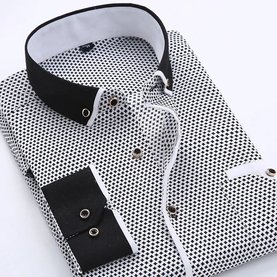 SD Men Shirt Slim Fit Long Sleeve Business Casual Printed Formal Dress