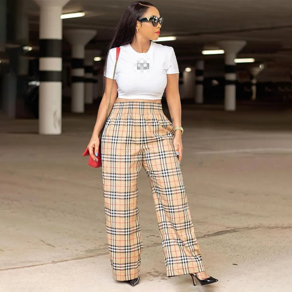 QuiteS New Plaid Print Loose Micro Flare Single Trousers Casual Wide Leg Cargo For Women Long