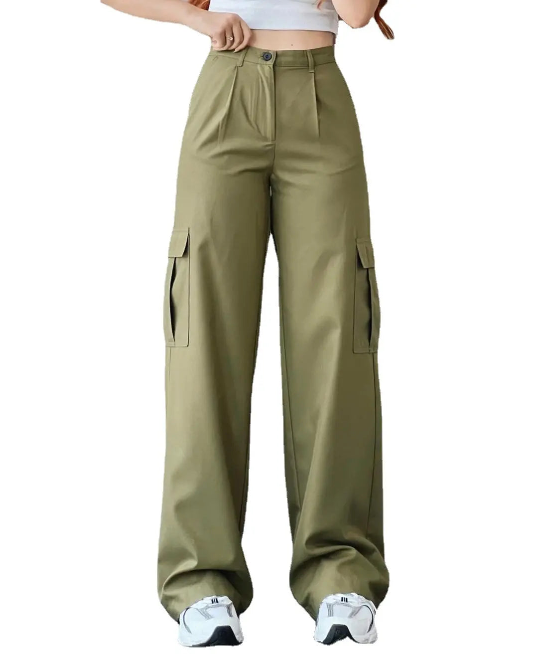 New women's solid color all-matching casual mid-waist trousers wide leg cargo