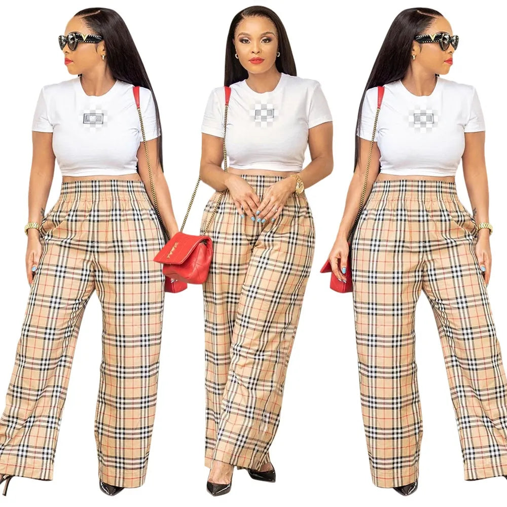 QuiteS New Plaid Print Loose Micro Flare Single Trousers Casual Wide Leg Cargo For Women Long