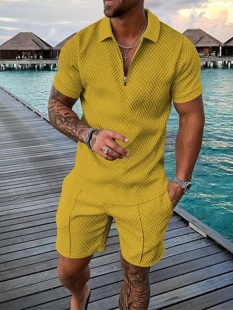 Conyson summer outfit polo zip full set clothes hombre sport wear top and short beach jogger 2 pieces tracksuit men sets