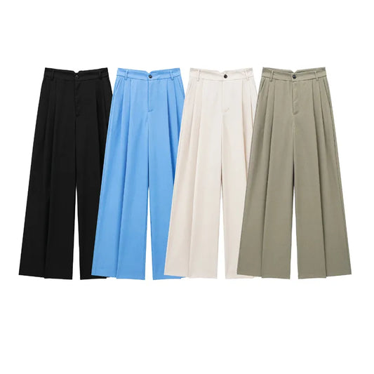 summer new style fashionable commuting all-match straight casual high waist wide leg pleated suit